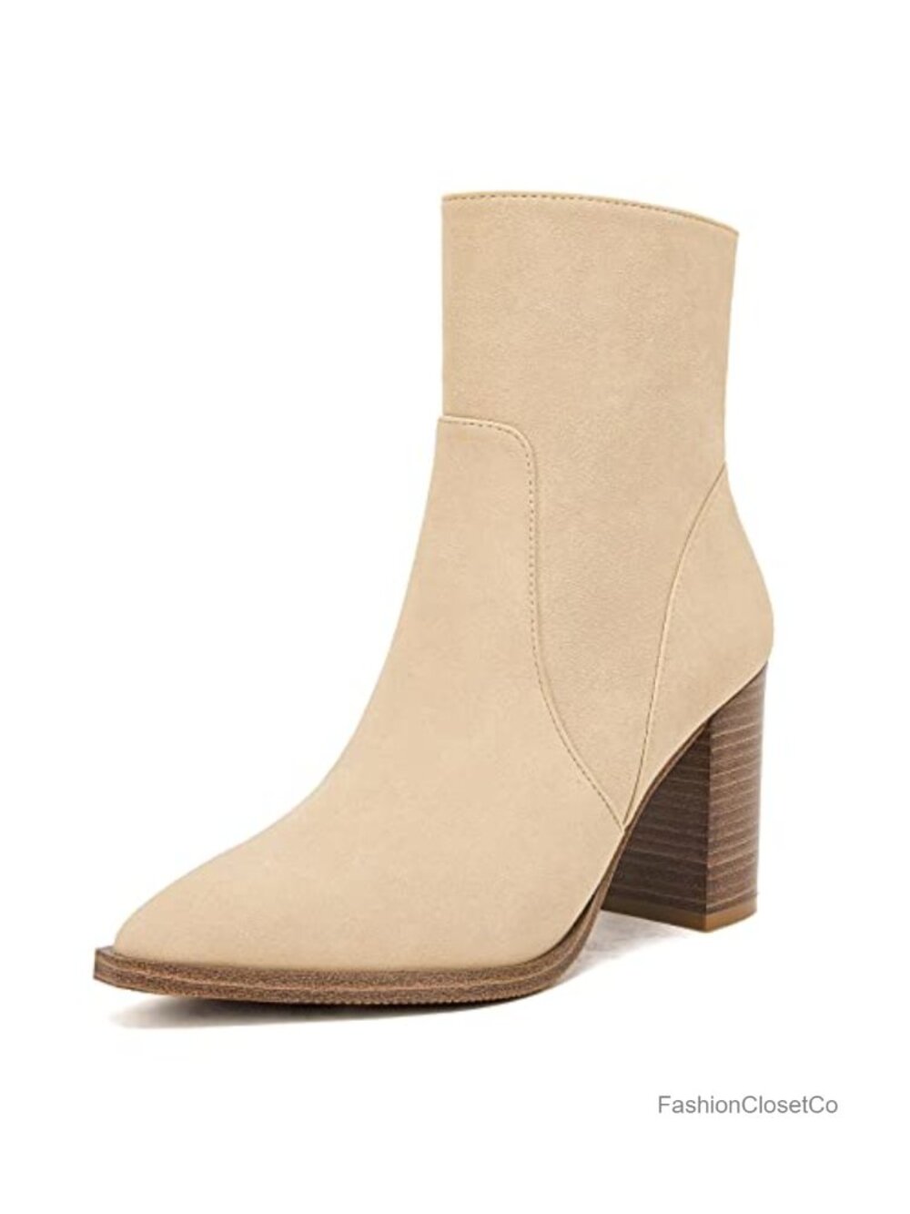 Women's Pointed Toe Ankle Boots Chunky Stacked Heel Side Zipper Faux Leather